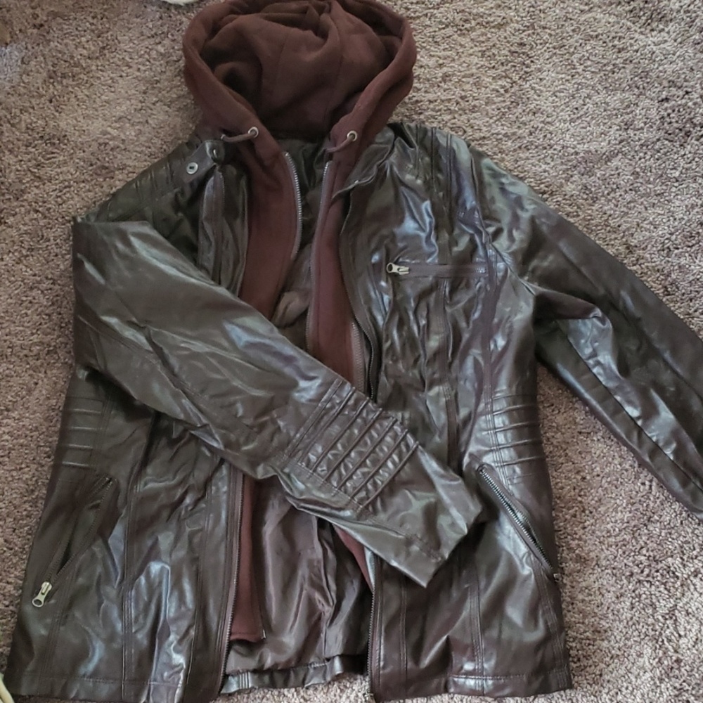 Womens size L Brown Leather Jacket with hood